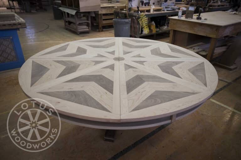 8 Leaf Expanding Round Table Work in Progress, Side View - Skoro